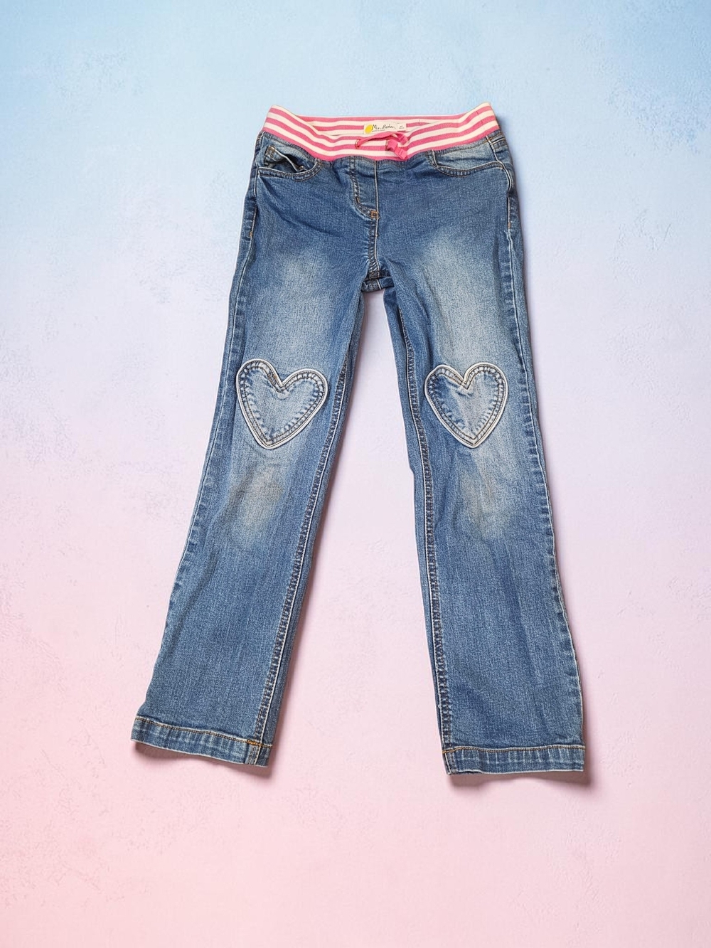 Girls' Blue Denim Jeans with Heart Knee Patches - Pink Waistband